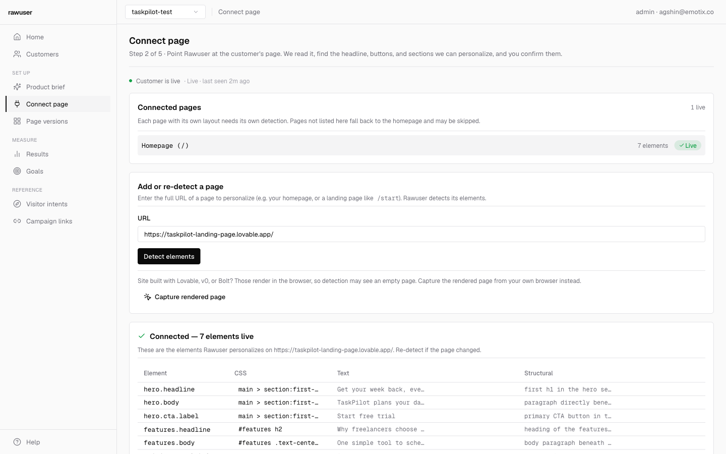 Rawuser dashboard connect screen showing a detected element manifest for review
