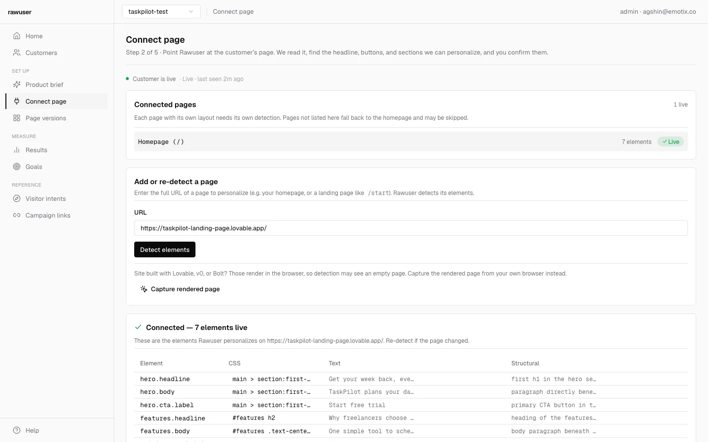 Rawuser dashboard connect screen showing a detected element manifest for review