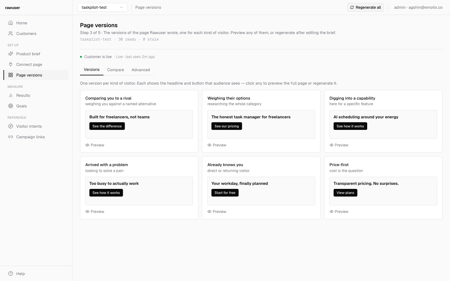 Rawuser dashboard versions screen with one page version per audience