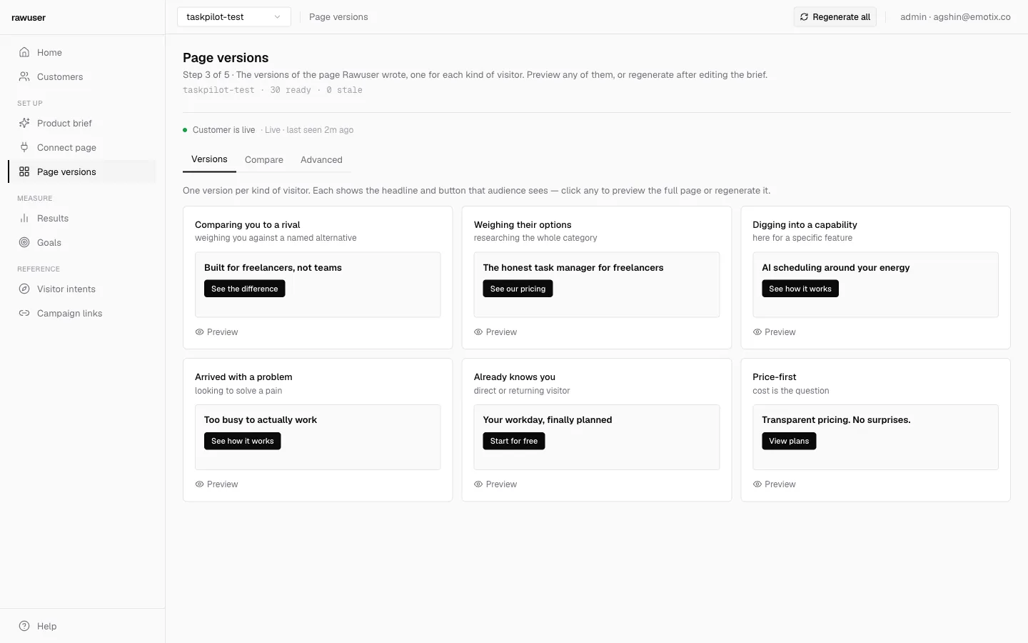 Rawuser dashboard versions screen with one page version per audience